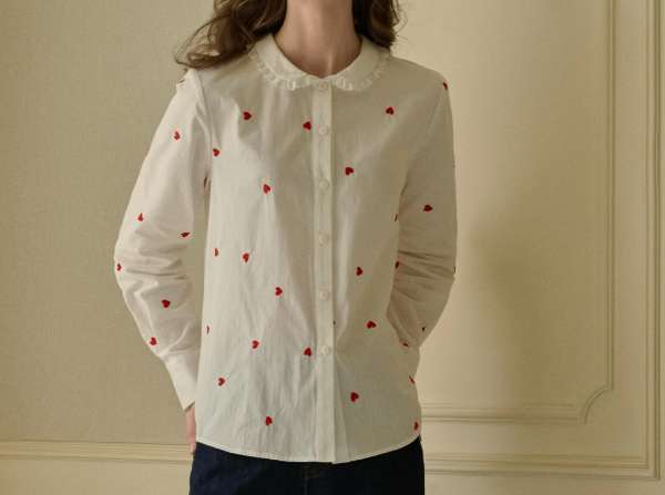 Simple Retro バレンタインデー刺繍襟付きシャツ