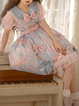 Sweet date 水色×ピンクのリボンミニドレス（半袖）