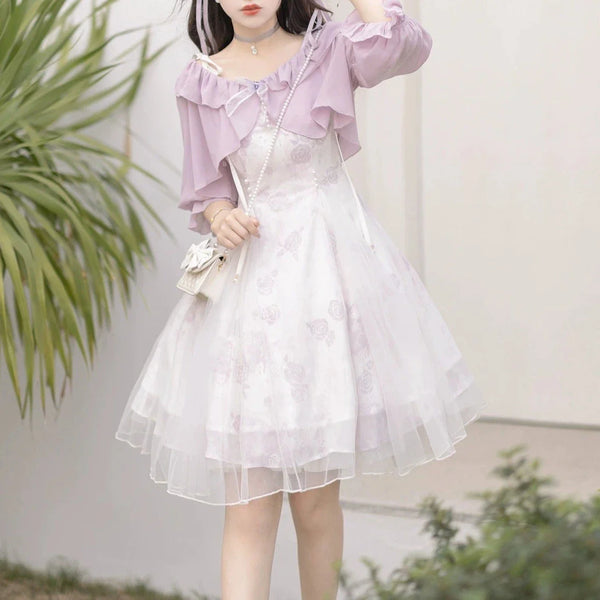 Sweet date 白ドレス･紫カーディガン2点セット
