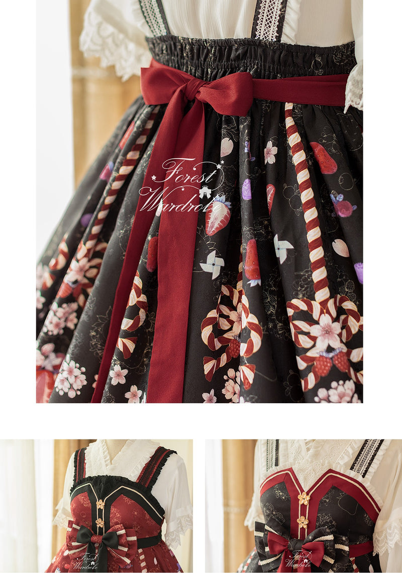 Forest Wardrobe　苺と桜の和風リボンジャンパースカート（赤）