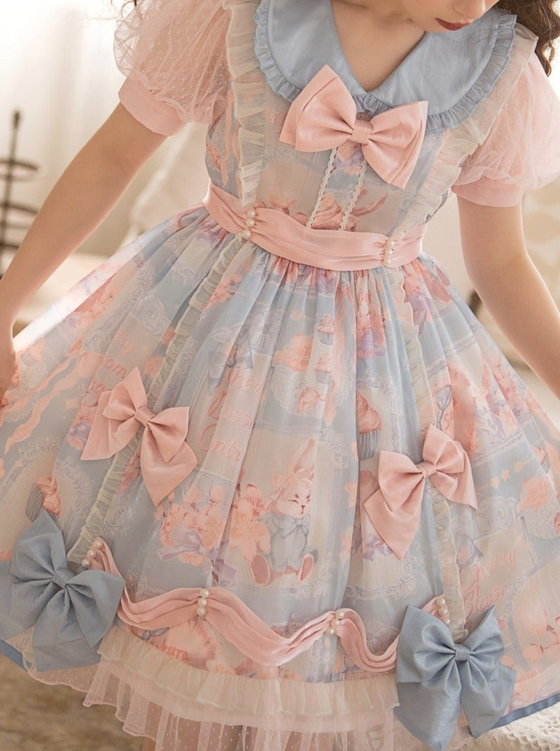 Sweet date 水色×ピンクのリボンミニドレス（半袖）