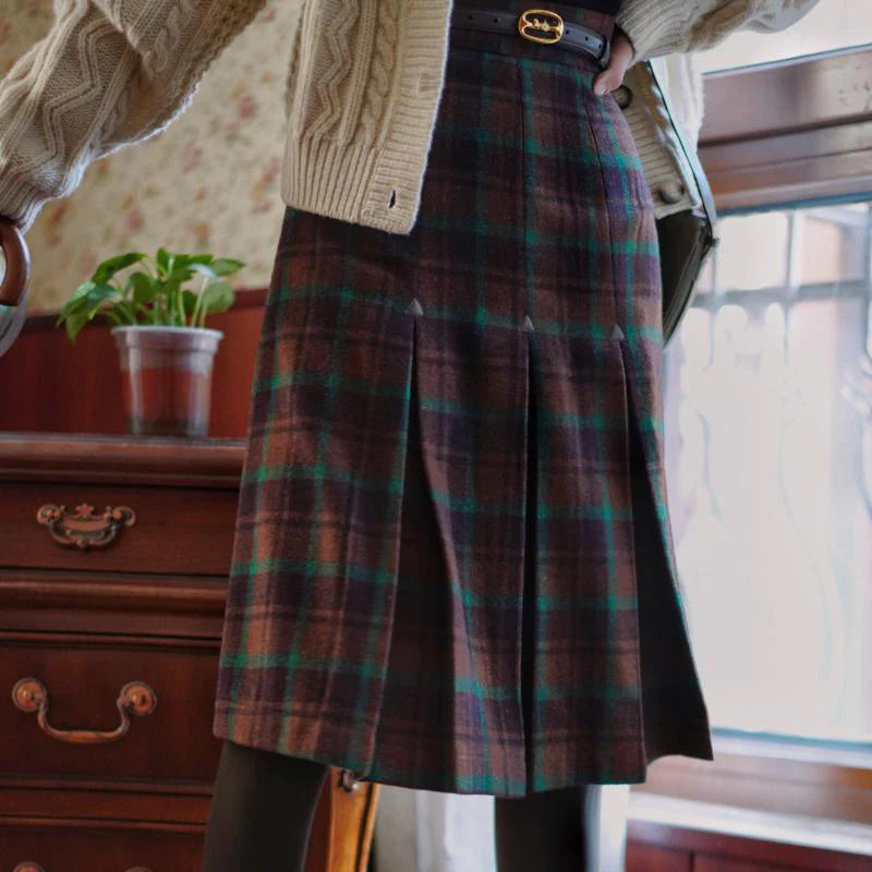 ching's closet  英国の焦茶緑格子縞レトロプリーツスカート