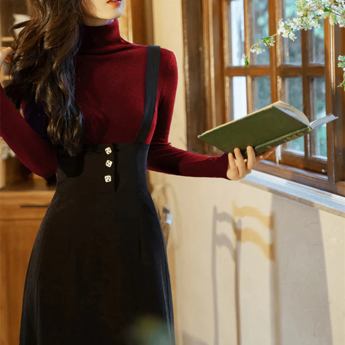 LITERARY NOVELS  お嬢様の黒のストラップスカートとタートルネックセーター（ワインレッド）