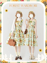 Forest Wardrobe  向日葵の水彩画ジャンパースカート／ハイネックリボンブラウス