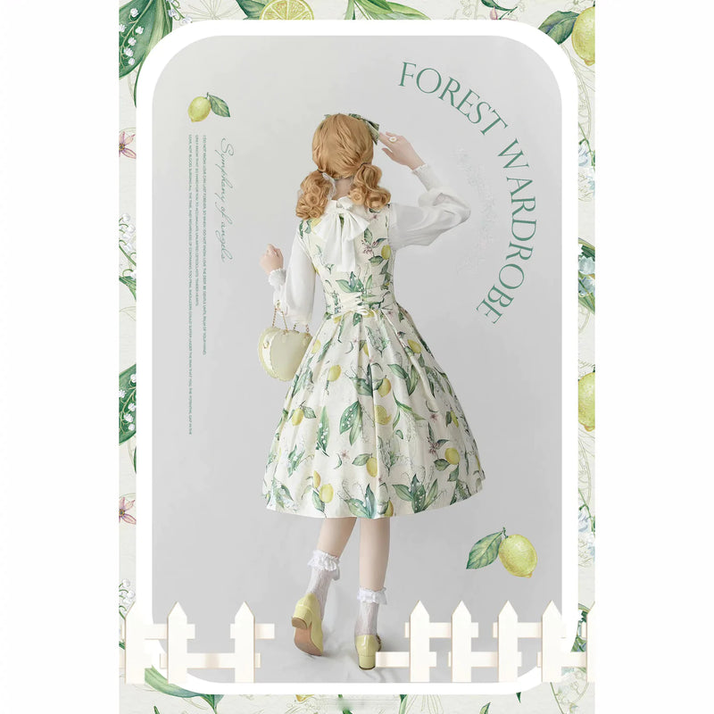 Forest Wardrobe 鈴蘭と檸檬の水彩画ジャンパースカート／ハイネックリボンブラウス