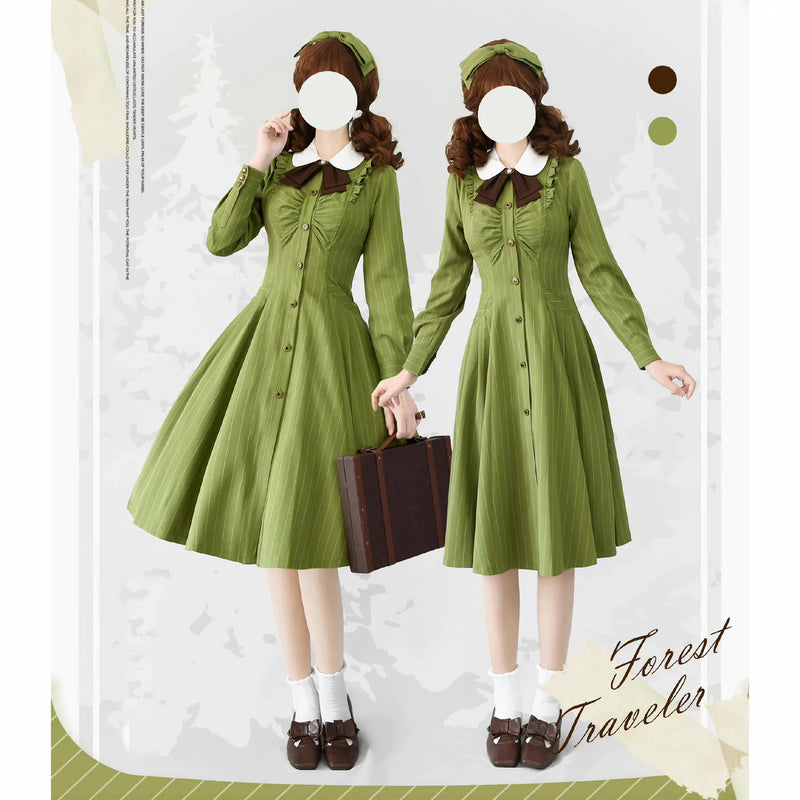 Forest Wardrobe  お嬢様の若緑の縦縞クラシカルワンピース