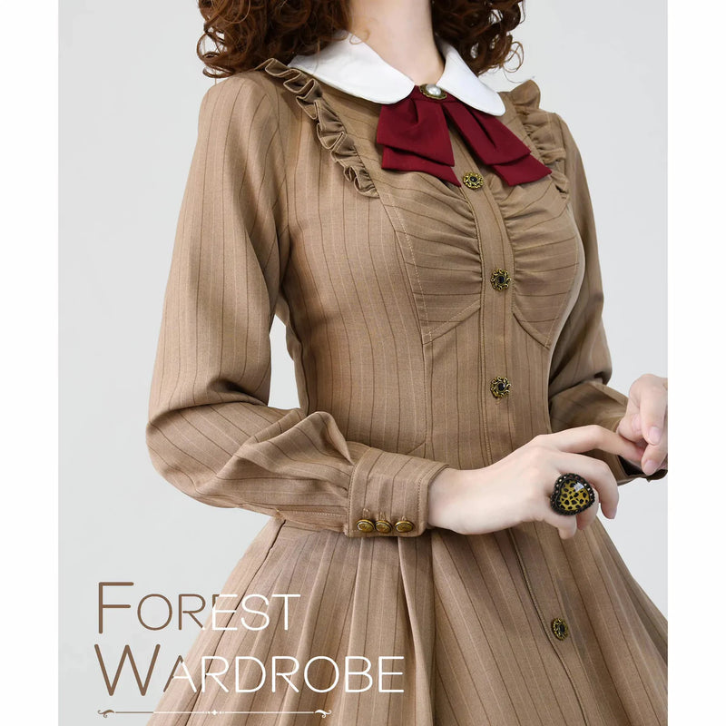 Forest Wardrobe  お嬢様の薄茶の縦縞クラシカルワンピース