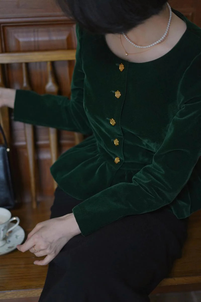 ching's closet  淑女の墨緑ベルベットショートジャケット