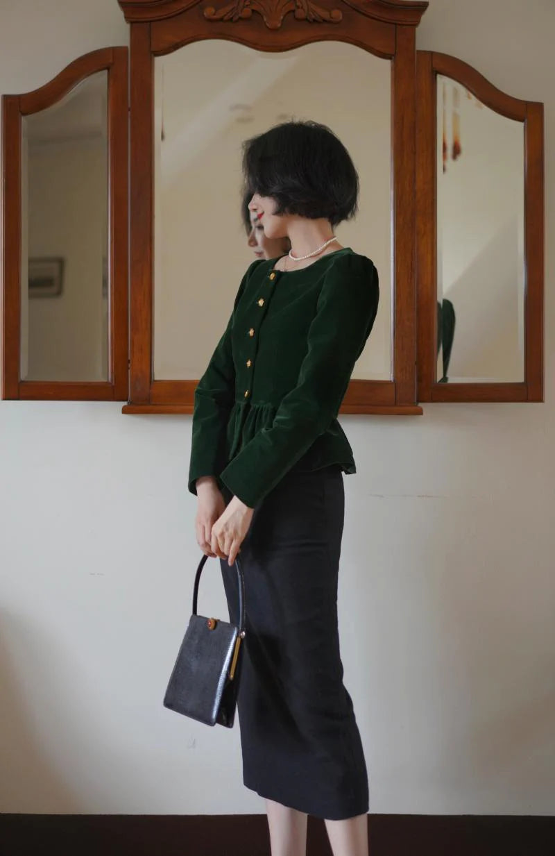 ching's closet  淑女の墨緑ベルベットショートジャケット