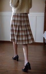 ching's closet  英国の薄茶格子縞レトロプリーツスカート