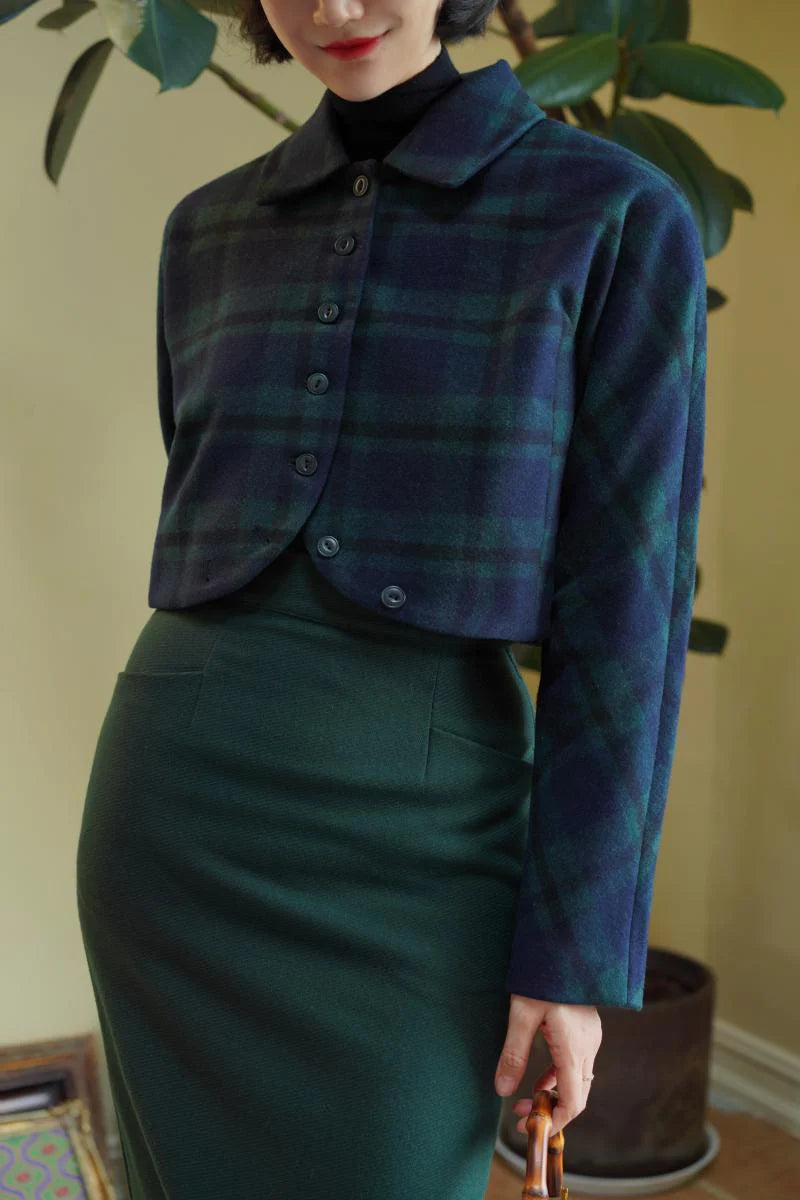 ching's closet  緑藍格子縞のレトロショートジャケット